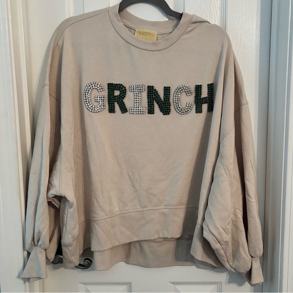 Judith March Tops - Judith March Beige Jeweled Beaded Grinch Christmas Sweatshirt - Large